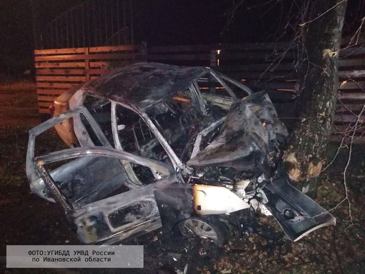 В Заволжском районе автомобиль влетел в дерево и загорелся: два человека погибли